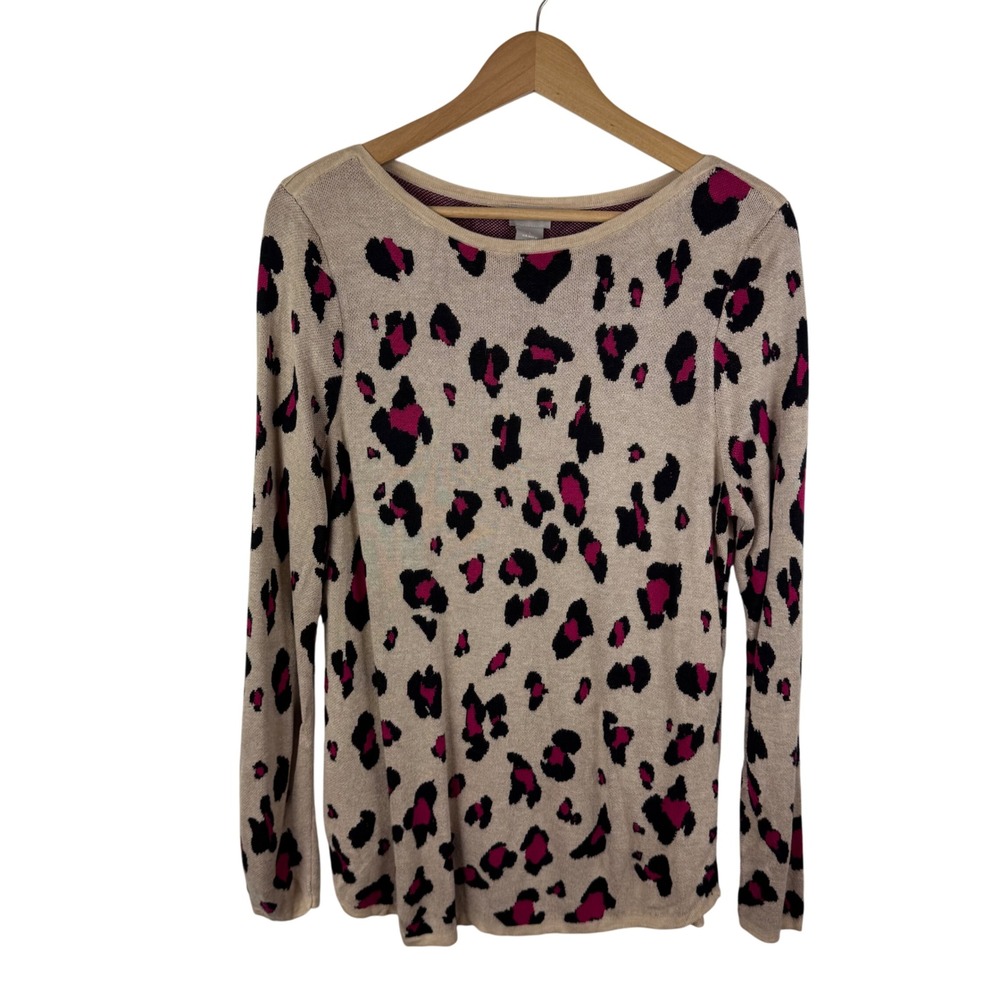 Chicos Animal Print Bateau Sweater Size 1 Medium Pink Soft Pullover Long Sleeve‎